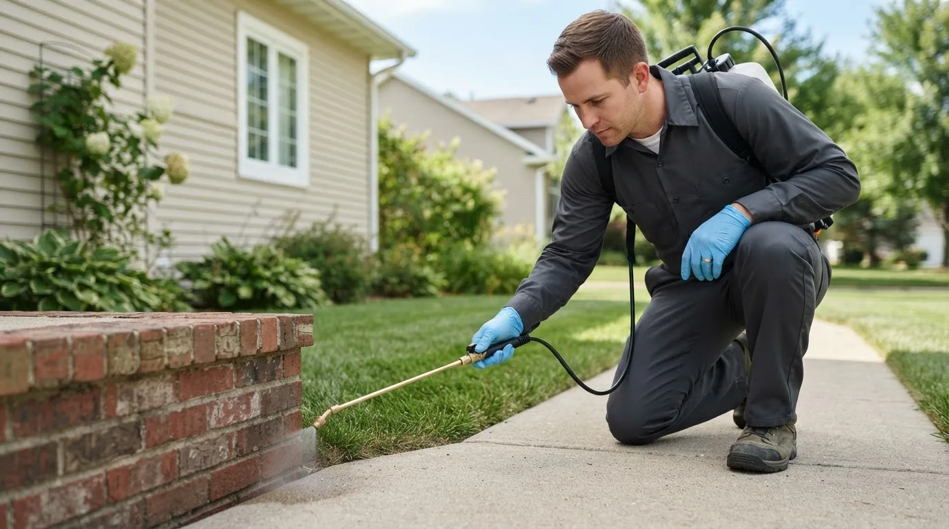 Pest control technician treating a home near Hadley, PA